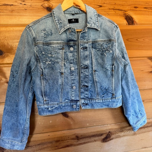 RETAIL $248 Seven for all mankind distressed cropped Jean jacket light denim - Picture 1 of 9